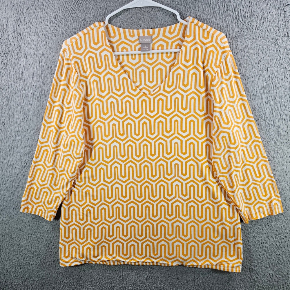 Chicos V-Neck Top Womens 2 L Yellow White Geometric Honeycomb 3/4 Sleeve Knit